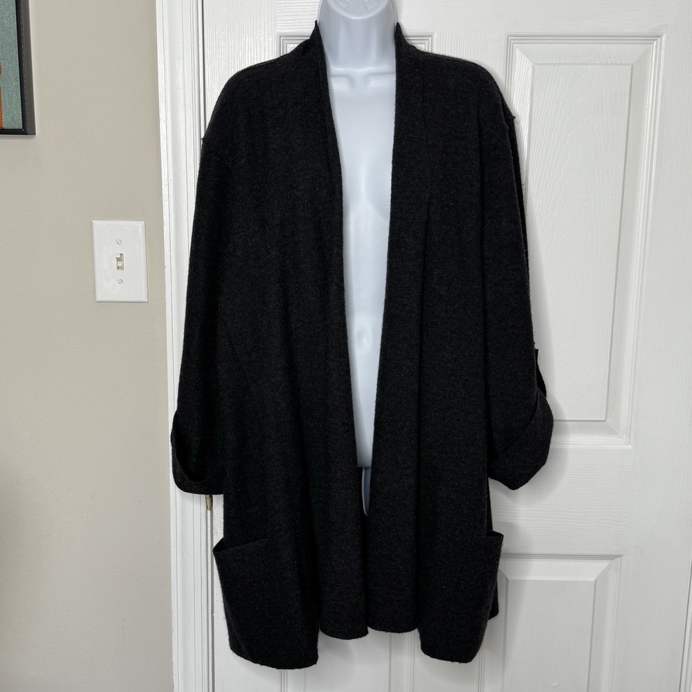 Eileen Fisher Charcoal Gray Merino Wool Open Front Cardigan Sweater‎ Size Medium
